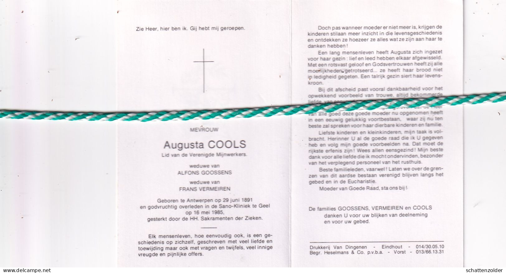 Augusta Cools-Goossens-Vermeiren, Antwerpen 1891, Geek 1985 - Todesanzeige