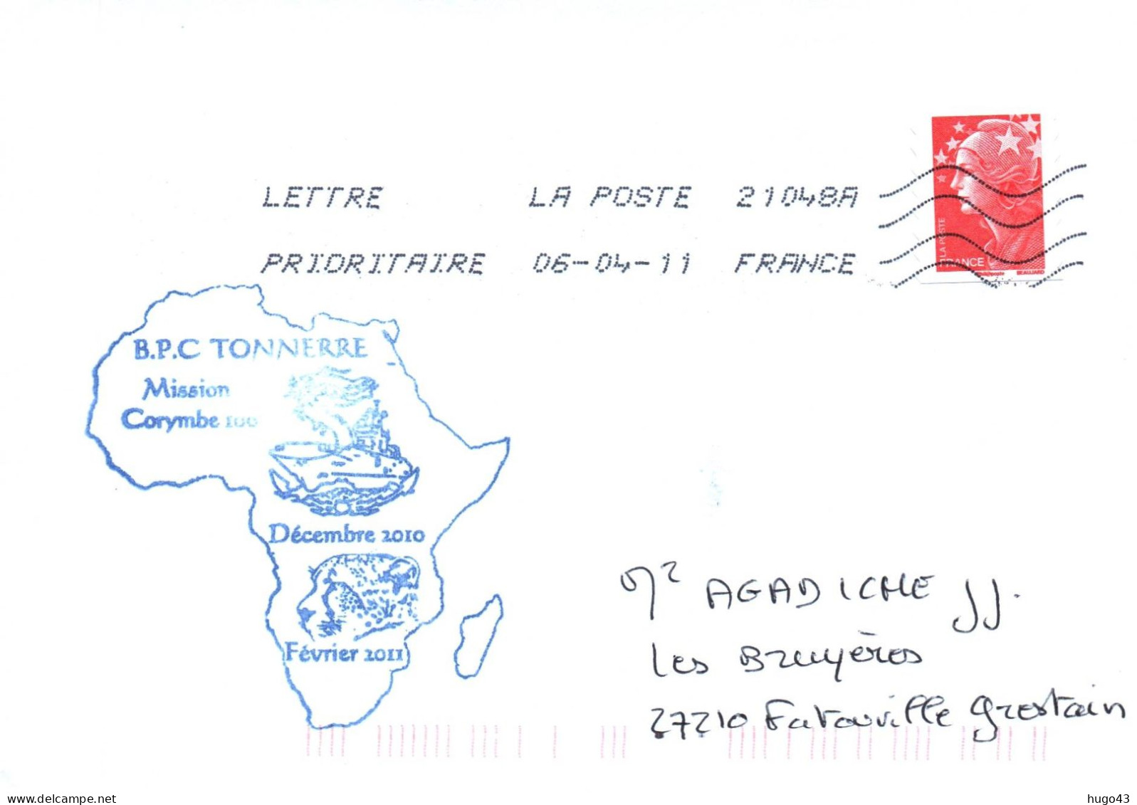 ENVELOPPE AVEC CACHET B.P.C. TONNERRE - MISSION CORYMBE 106 - DECEMBRE 2010 / FEVRIER 2011 - LE 06/04/2011 - Seepost