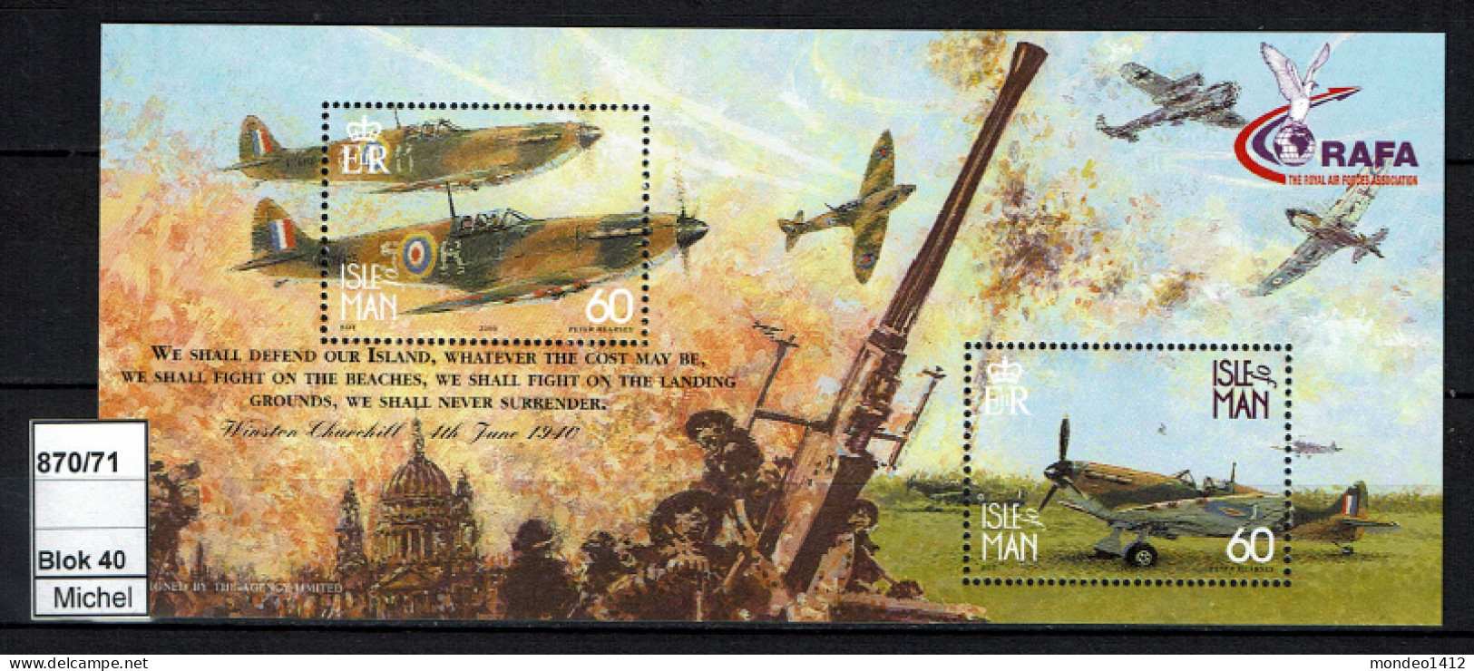 Isle Of Man - 2000 - MNH - History, WW II - Battle Of Britain - R.A.F. - Spitfire, Kriegsflugzeuge - Isle Of Man