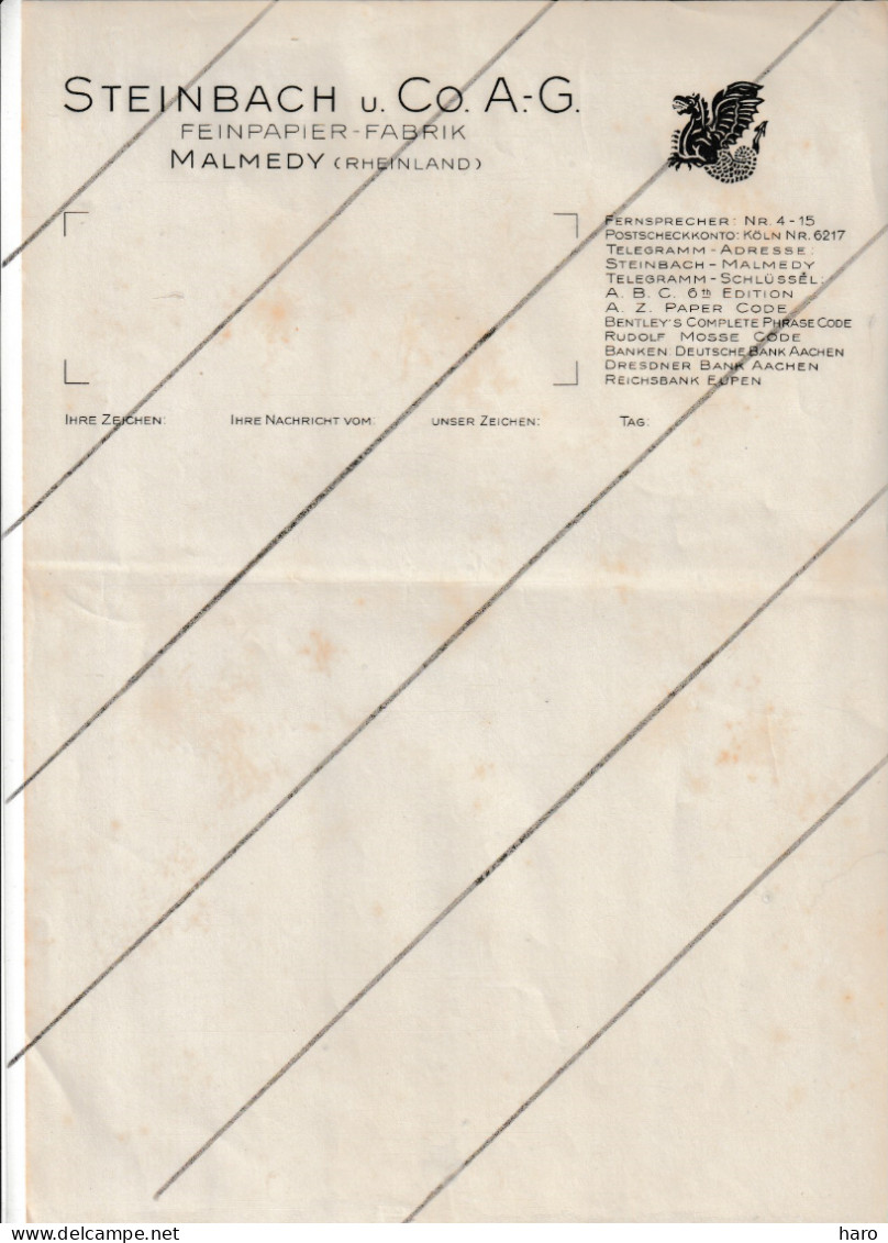 Lettre à Entête Datant De L'annexion à L'Allemagne De MALMEDY - Papeteries STEINBACH  (B375 ) - 1900 – 1949