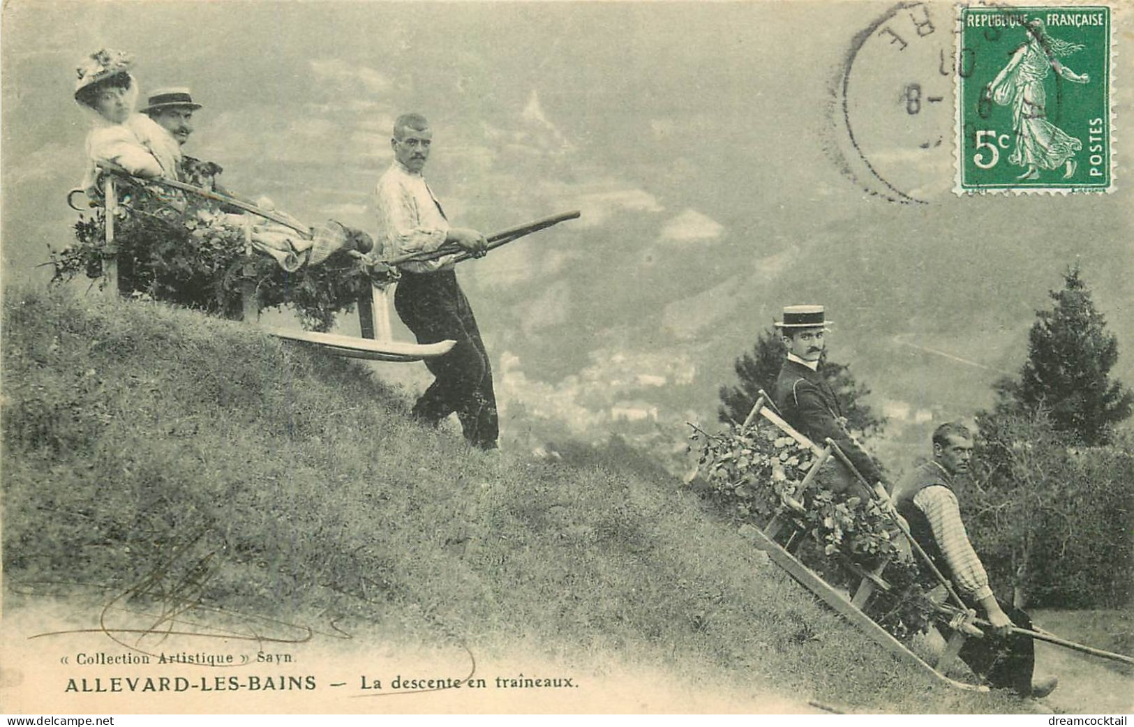 38 ALLEVARD. La Descente En Traineau à La Force D'Hommes 1907 Carte Assez Rare... - Allevard