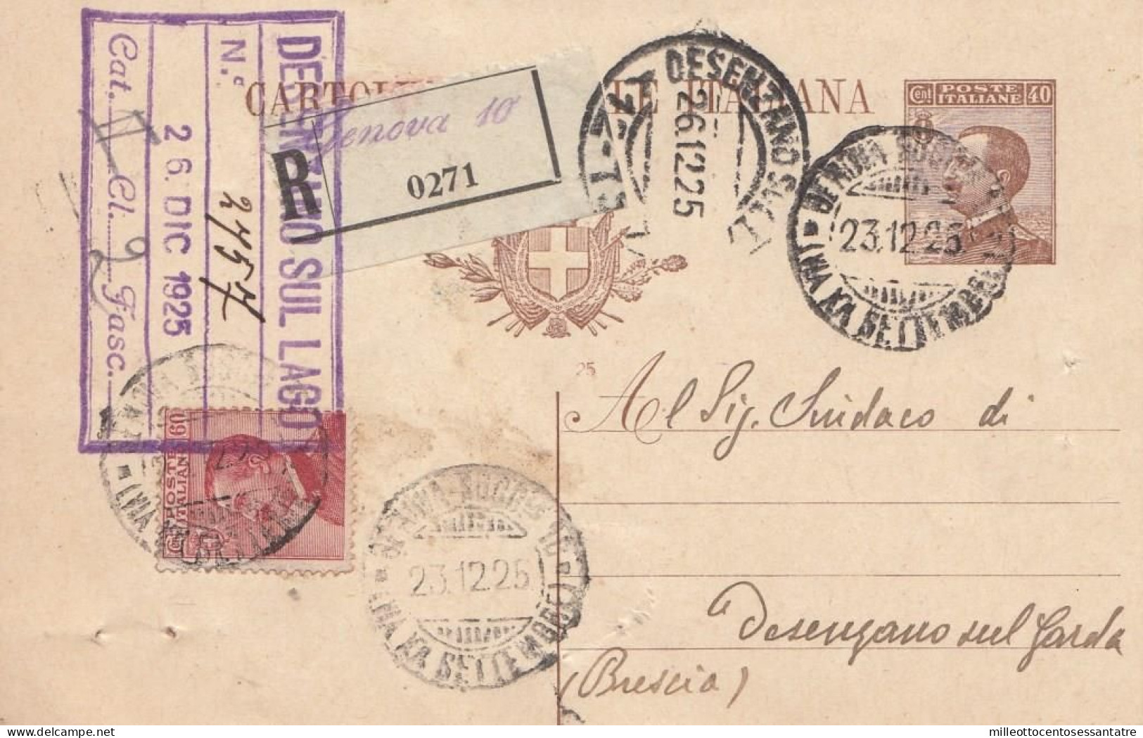 1528  - REGNO - Cartolina Postale Italiana Da Cent.40 Bruno Del 1925 Da Genova A Desenzano - RACCOMANDATA - - Interi Postali