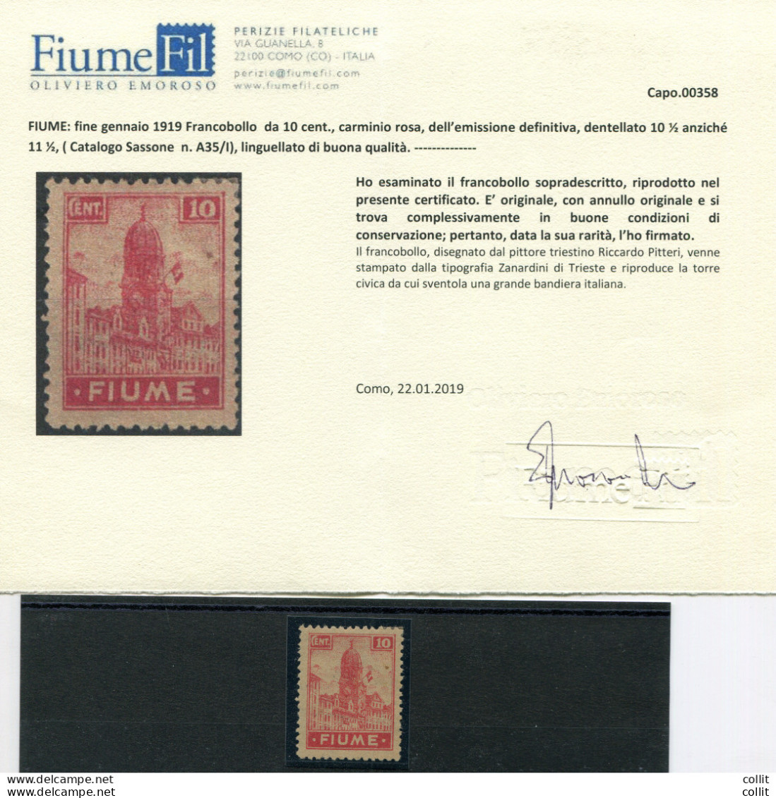 Fiume - Allegoria Cent. 10 N. A 35/I (carta A) Dentellato 10,1/2 - Lokale/autonome Uitgaven