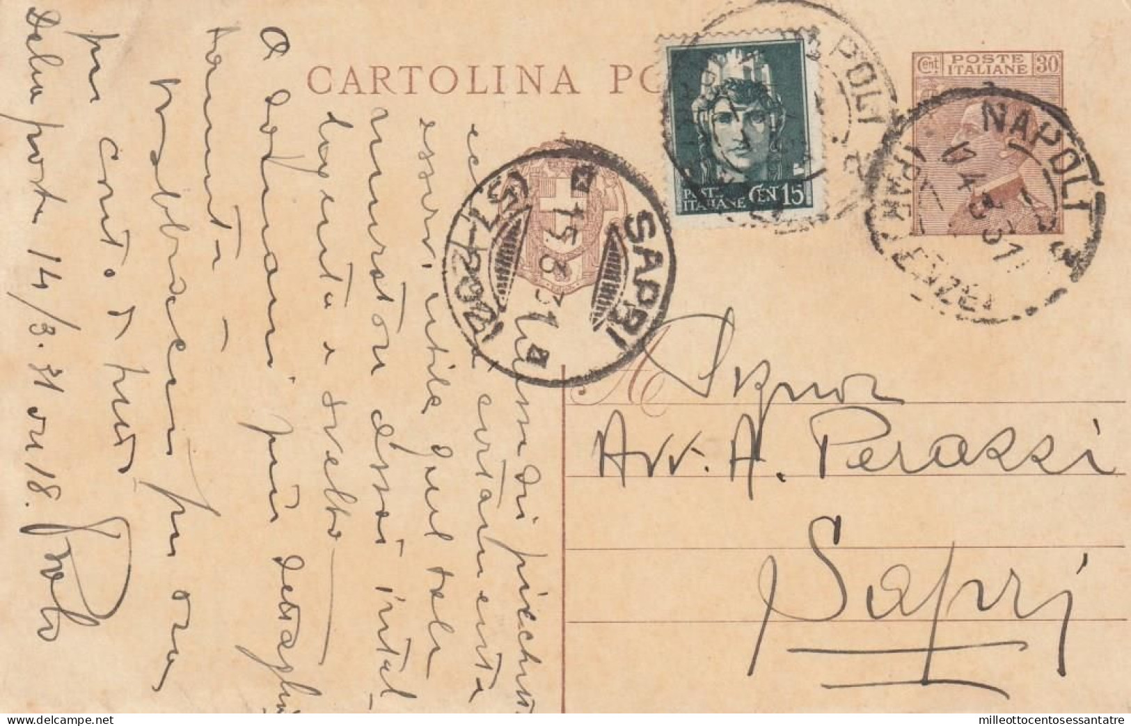 1529  - REGNO - Cartolina Postale Italiana Da Cent.30 Bruno Del 1931 Da Napoli A Sarpi Con Aggiunta C. 15 Verde Grigio - Entiers Postaux