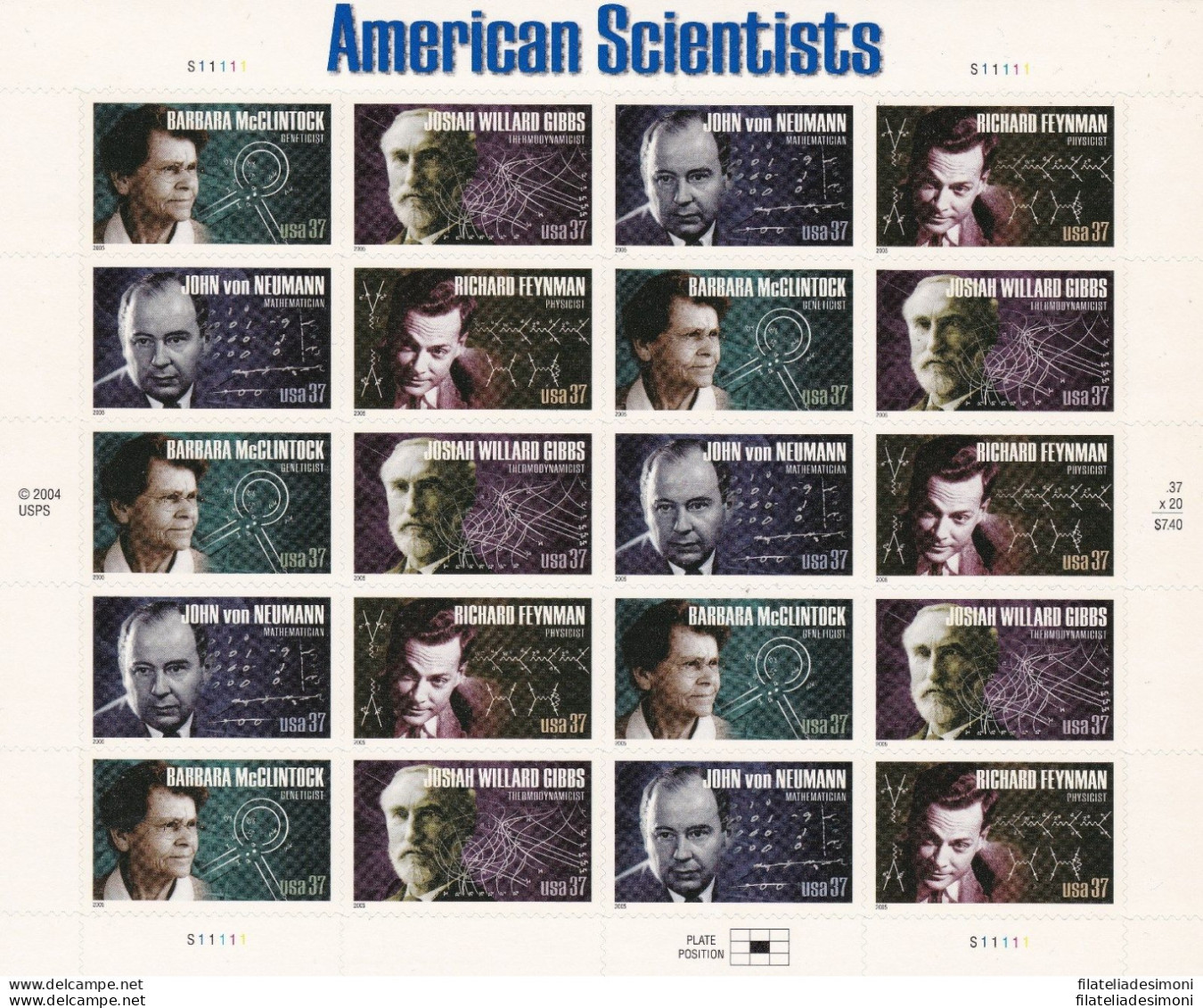 2005 Stati Uniti, Scienziati Americani - N° 4072/4075  Minifoglio Di 20 MNH/** - Otros & Sin Clasificación