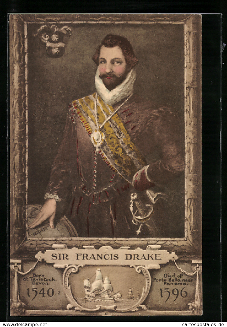 AK Sir Francis Drake, Born 1540, Died 1596  - Historische Figuren