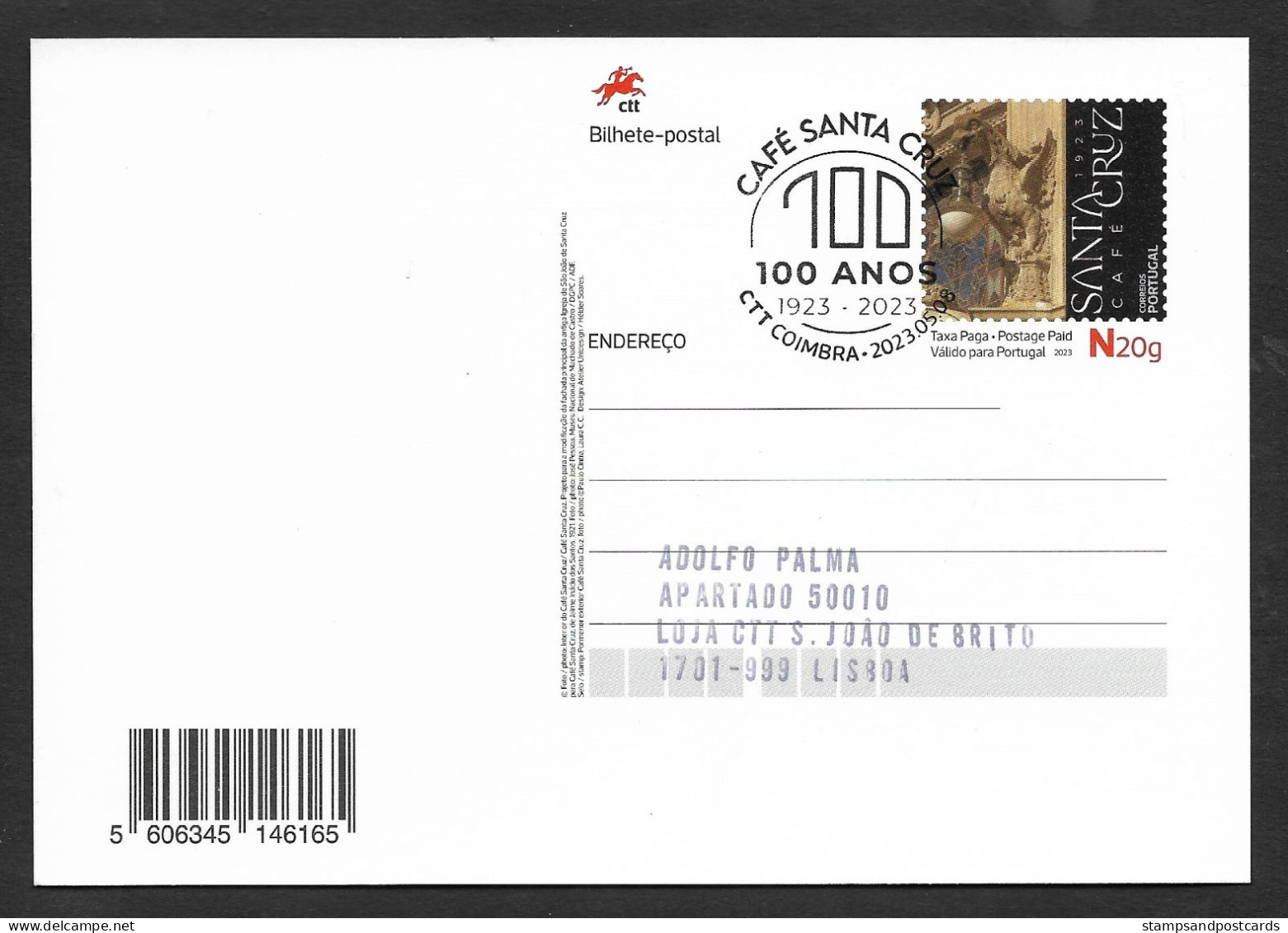 Portugal Entier Postal 2023 Café Historique Santa Cruz Cachet Coimbra Stationery Historical Coffee Shop Pmk - Other & Unclassified