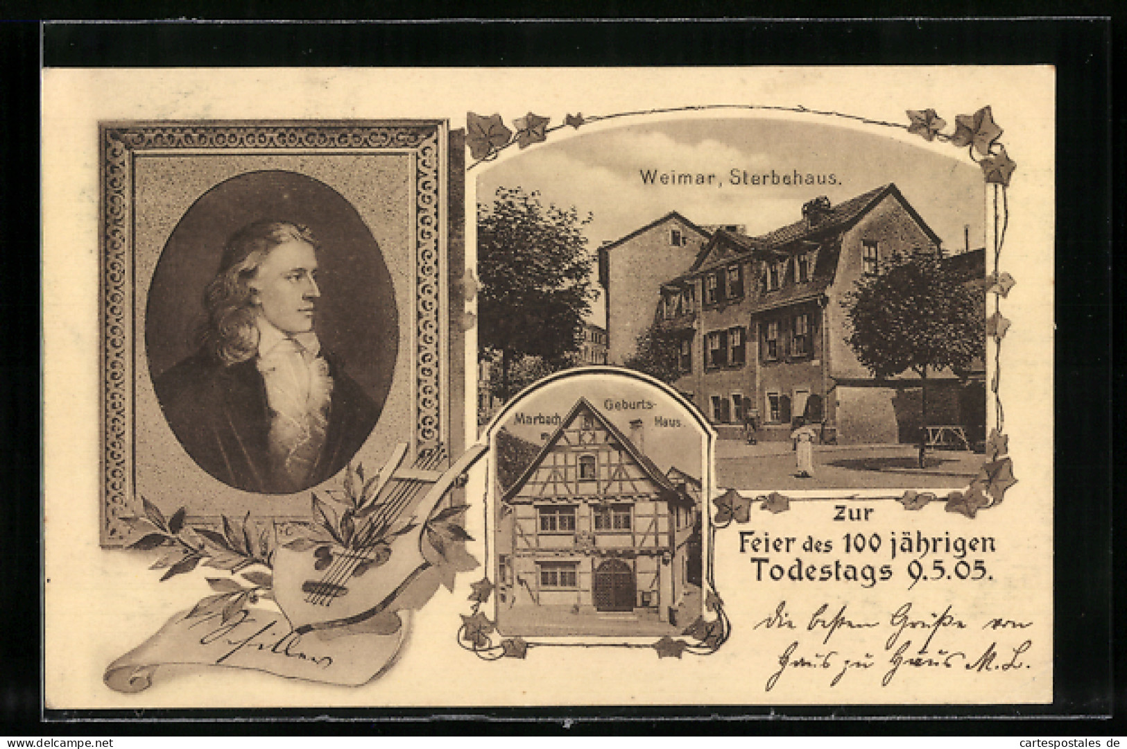 Lithographie Weimar, 100. Todestag Schillers 1905, Portrait, Sterbehaus, Geburtshaus In Marbach  - Schriftsteller