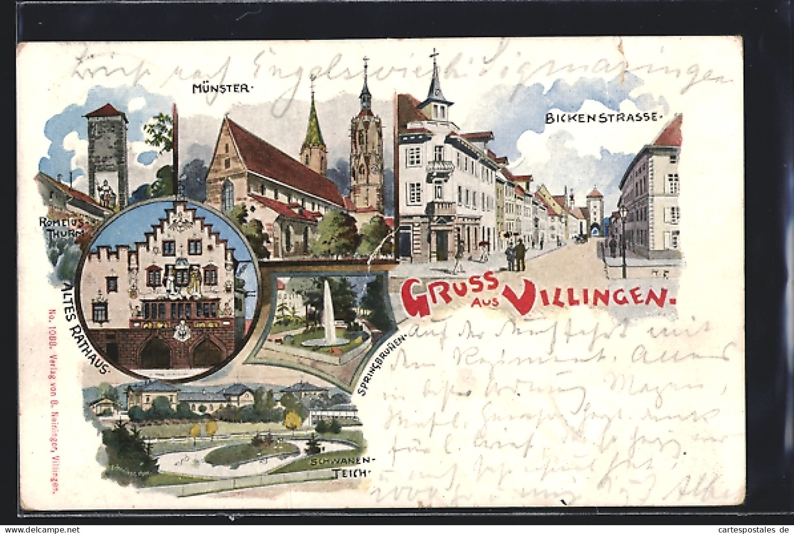 Lithographie Villingen / Baden, Münster, Altes Rathaus, Schwanenteich  - Baden-Baden