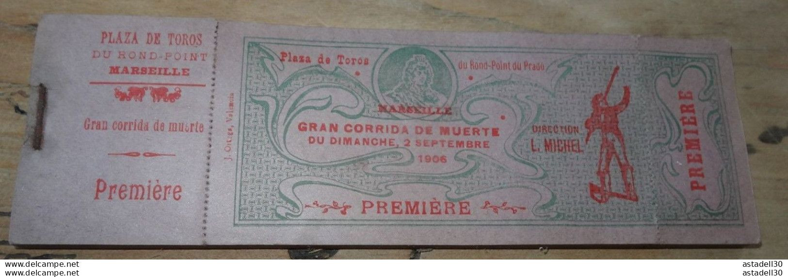 Ticket Entrée GRAN CORRIDA DE MUERTE, 02/09/1906, Plaza De Toros MARSEILLE ............. TIC-COR1..... Caisse9 - Tickets - Entradas