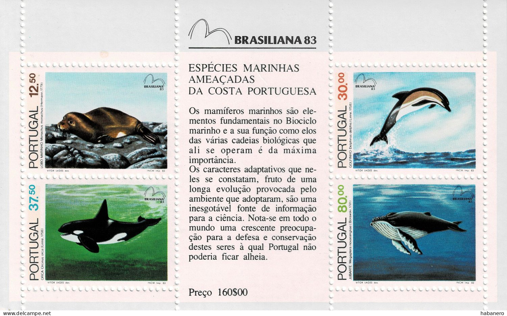 PORTUGAL 1983 Mi BL 41 MARINE MAMMUALS / BRASILIANA '83 PHILATELIC EXHIBITION MINT MINIATURE SHEET ** - Hojas Bloque