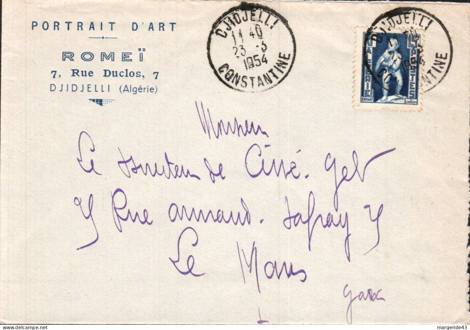 ALGERIE LETTRE A EN TETE DE DJIDJELLI POUR LA FRANCE 1954 - Covers & Documents