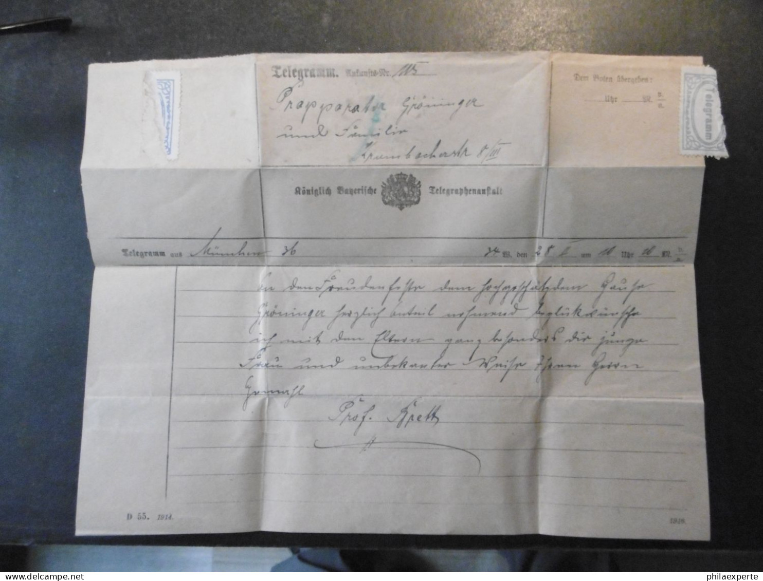 Bayern Telegramm(Marke üblich Geteilt) 1914 Von Münchenan Präparator Grönninger-selten - Cartas & Documentos