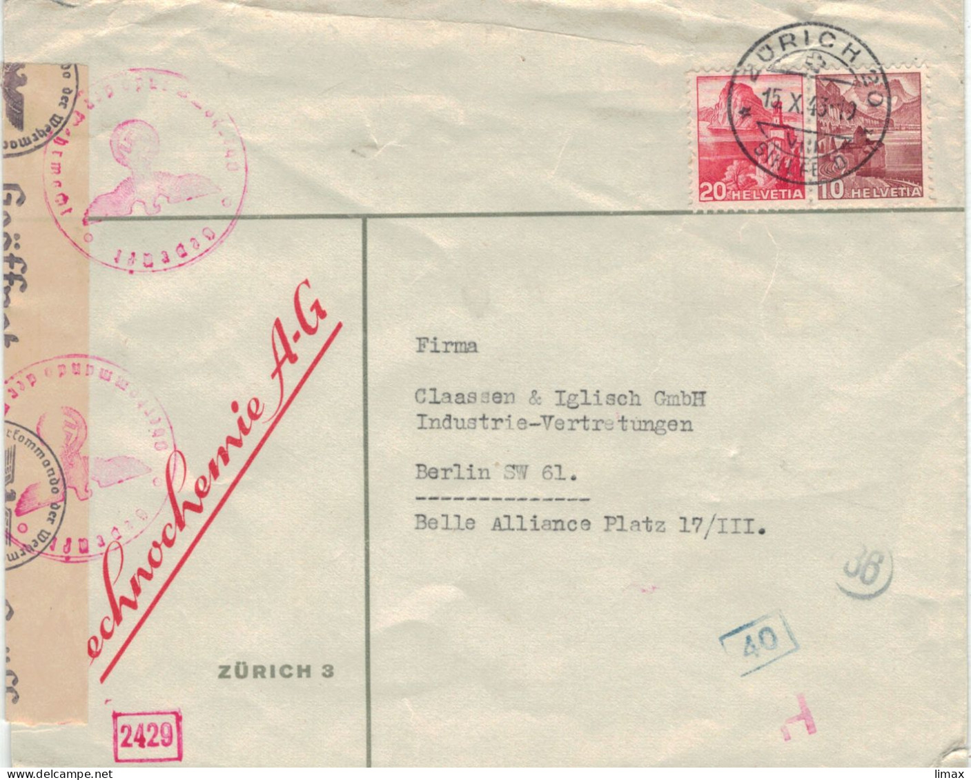 [A5] Technochemie AG Zürich Sihlfeld 1943 > Claassen & Iglisch Berlin Industrievertretungen - Zensur OKW - Lettres & Documents
