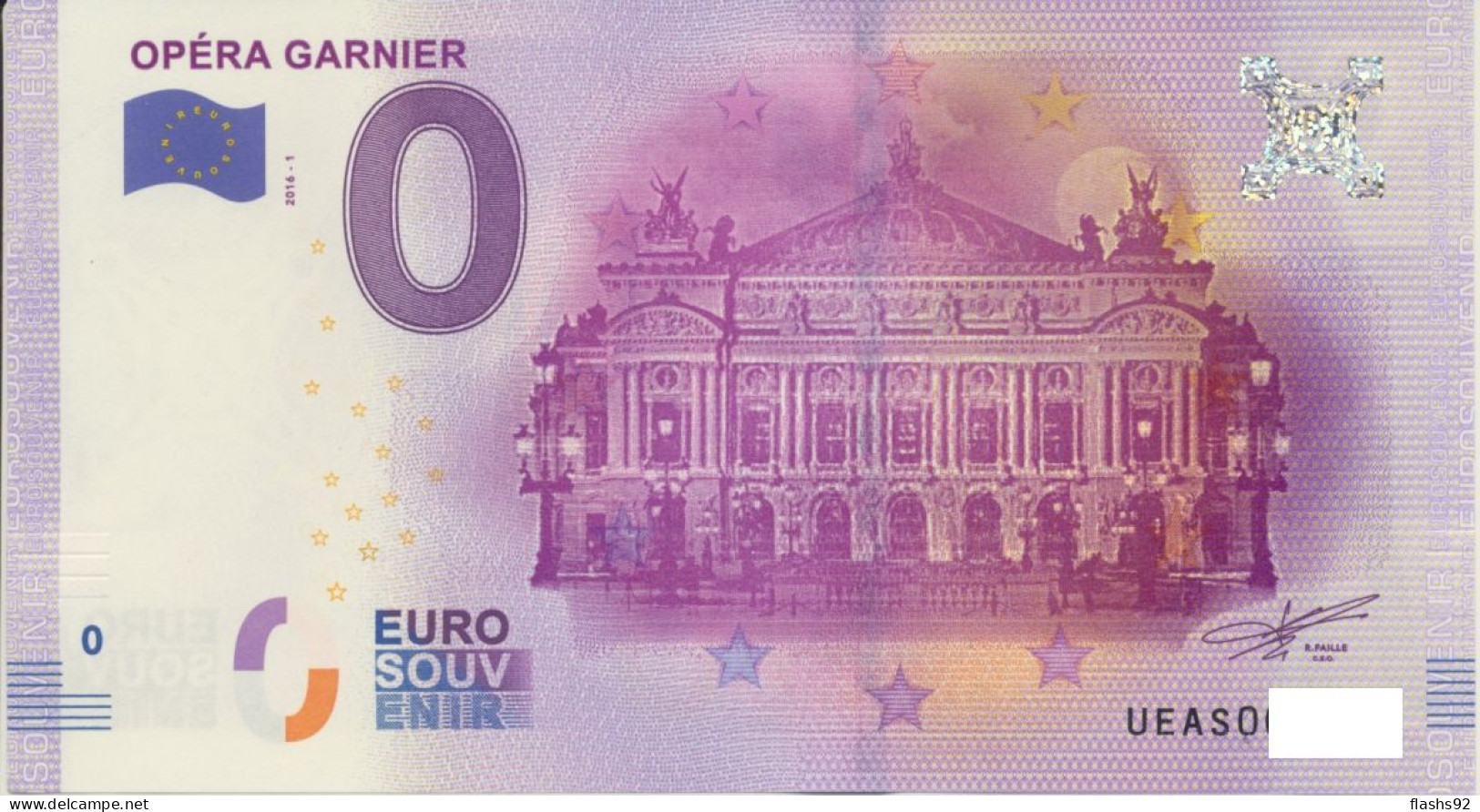 Vends Billet Souvenir Touristique 0€ Opera Garnier 2016-1 UEAS - Sonstige & Ohne Zuordnung