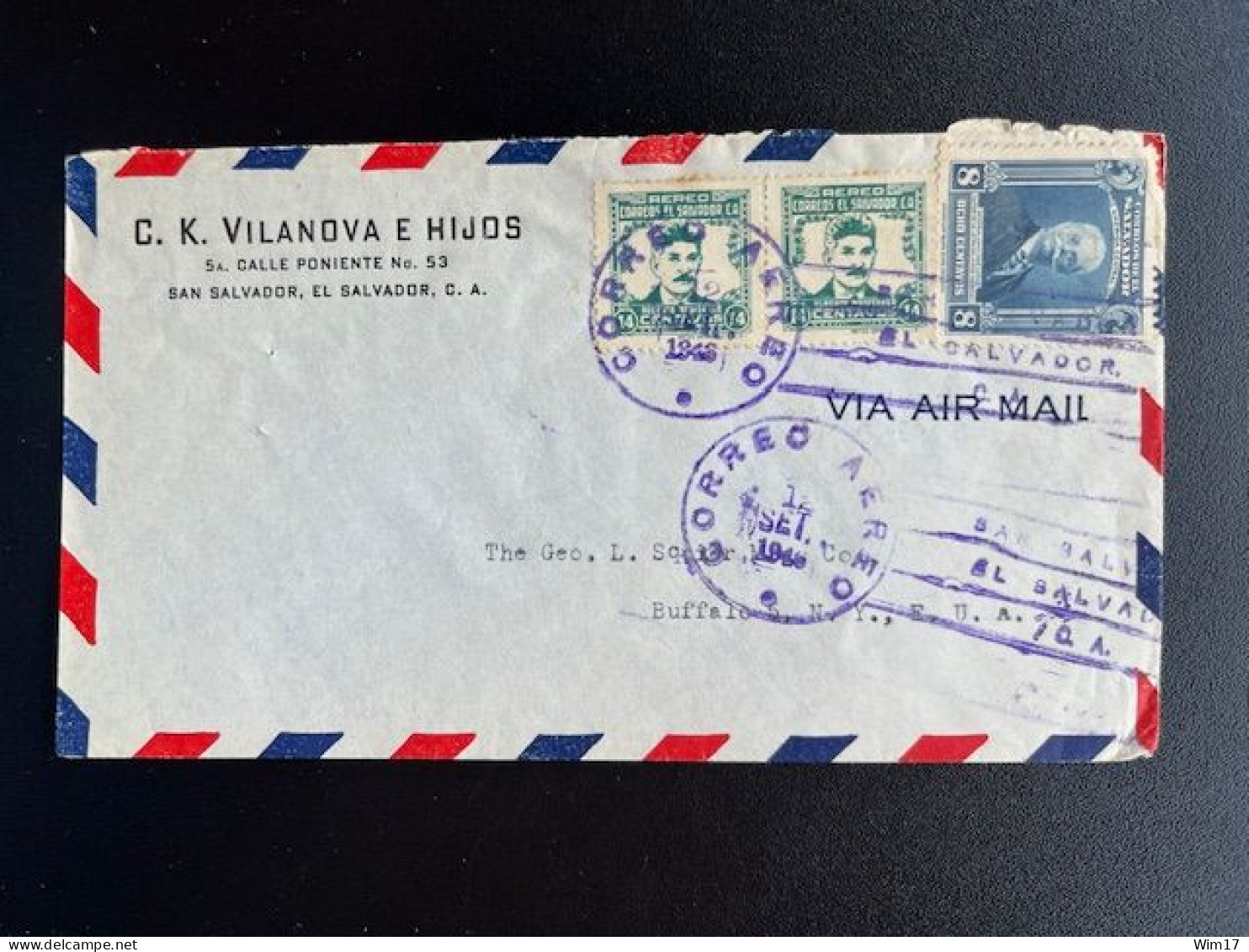 EL SALVADOR 1946 AIR MAIL LETTER SAN SALVADOR TO BUFFALO USA 12-09-1946 - El Salvador