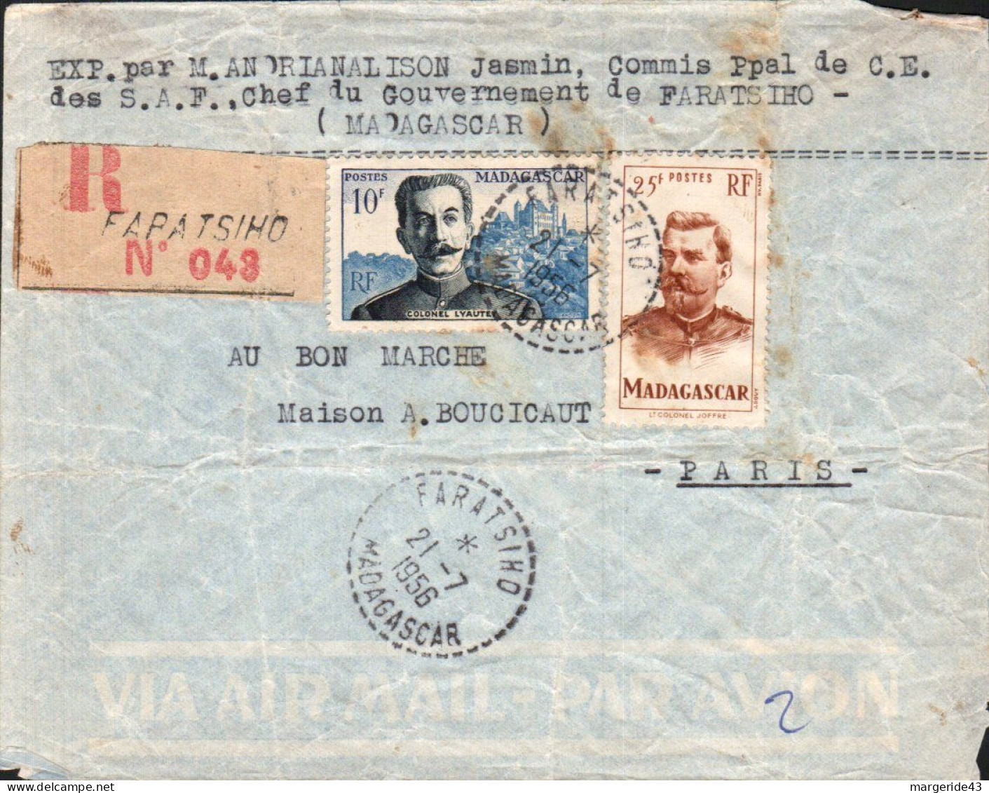 MADAGASCAR AFFRANCHISSEMENT COMPOSE SUR LETTRE RECOMMANDEE DE FAPATSIHO  POUR LA FRANCE 1956 1962 - Brieven En Documenten