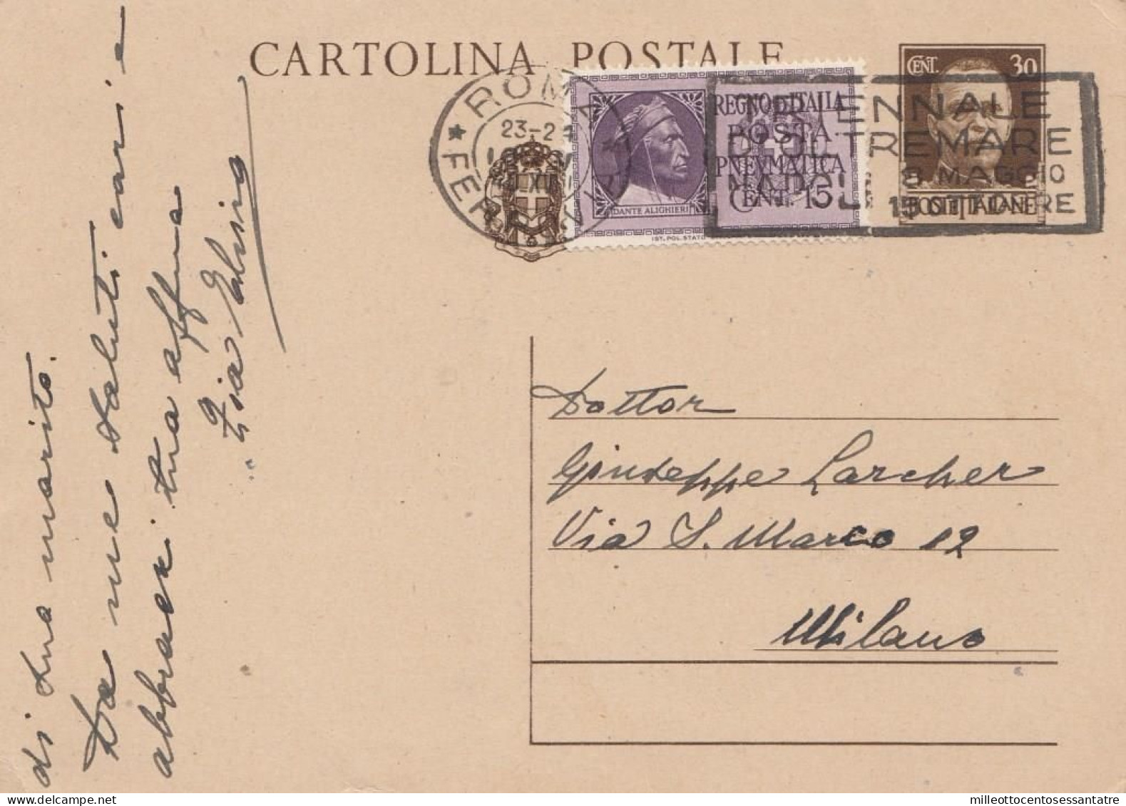 1533  - REGNO - Cartolina Postale Da Cent.30 Bruno Del 1940 Da Roma A Milano Con Aggiunta C. 15 Violetto - Entiers Postaux