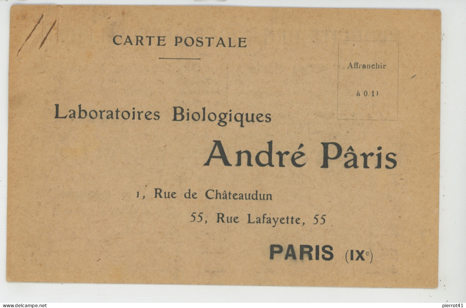 PARIS - IXème Arr. - Carte De Correspondance Des LABORATOIRES BIOLOGIQUES ANDRÉ PÂRIS , Bon Pour LACTOLAXINE FYDAU - Salute, Ospedali