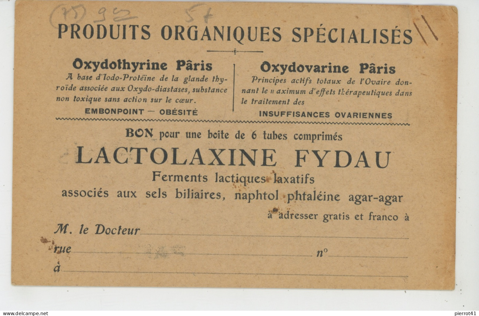 PARIS - IXème Arr. - Carte De Correspondance Des LABORATOIRES BIOLOGIQUES ANDRÉ PÂRIS , Bon Pour LACTOLAXINE FYDAU - Health, Hospitals