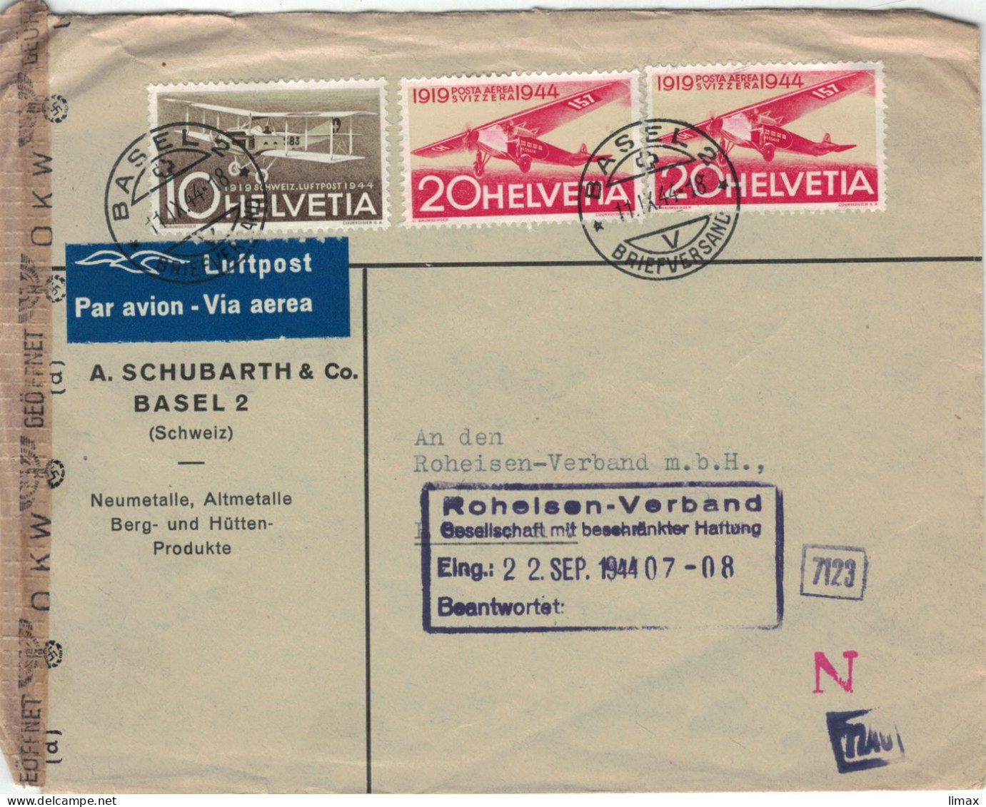 [A5] Schubarth & Co Basel Neumetalle 1944 > Roheisen Verband - Zensur OKW - Luftpost-Marken - Storia Postale