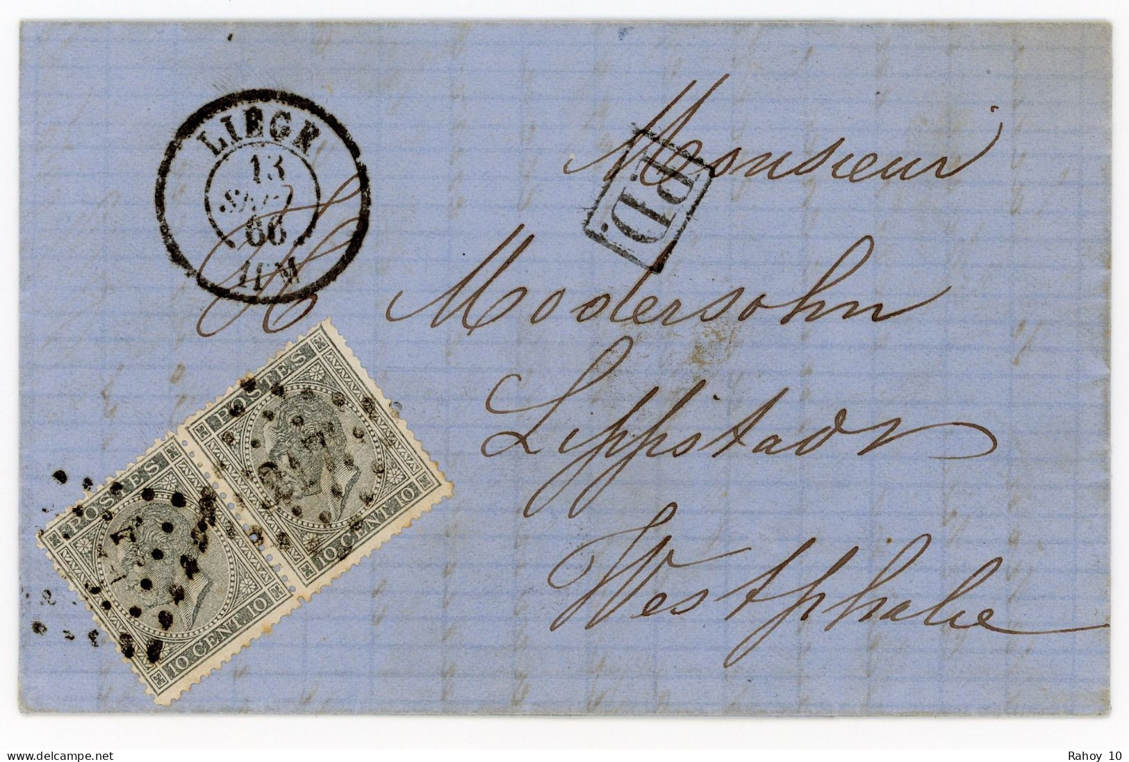 1866, Lettre Avec 2x N° 17 Liège Pour Lippstadt (Westfalen) + Marque D'entrée Allemagne Est, Verviers Coeln + AUSG.No.1 - 1865-1866 Profiel Links