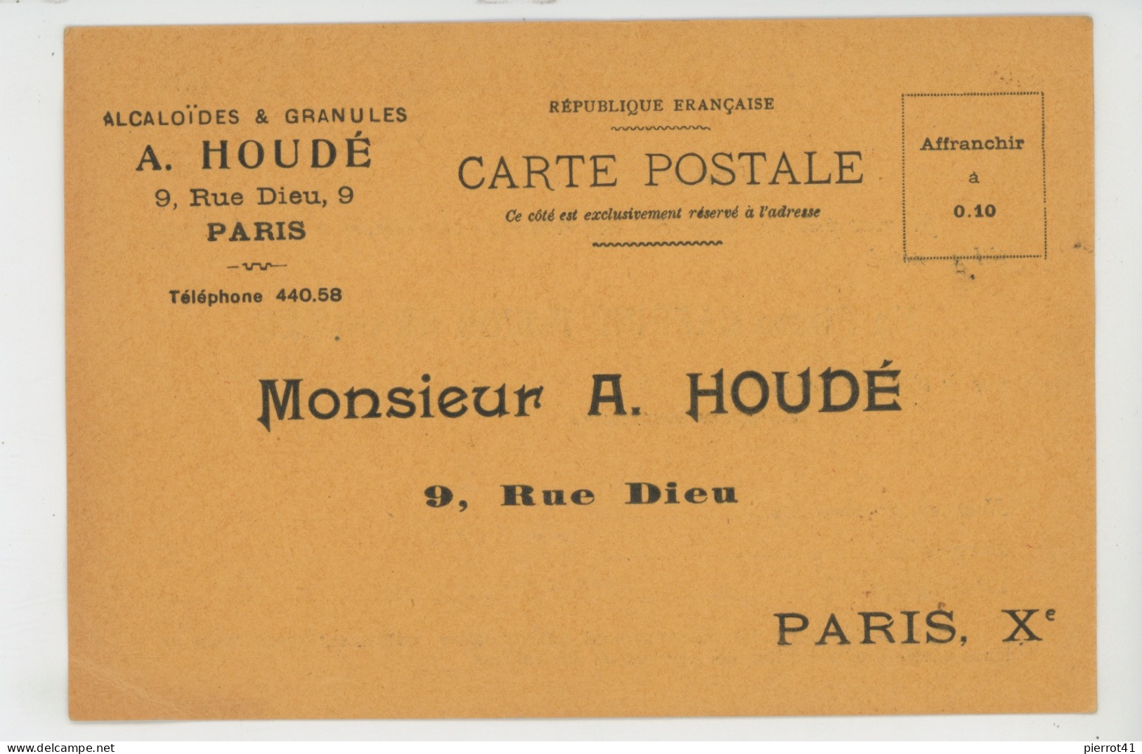 PARIS -IXème Arr. - Carte De Correspondance Des ALCALOÏDES & GRANULÉS A. HOUDÉ , 9 Rue Dieu - Demande échantillon Flacon - Distrito: 10