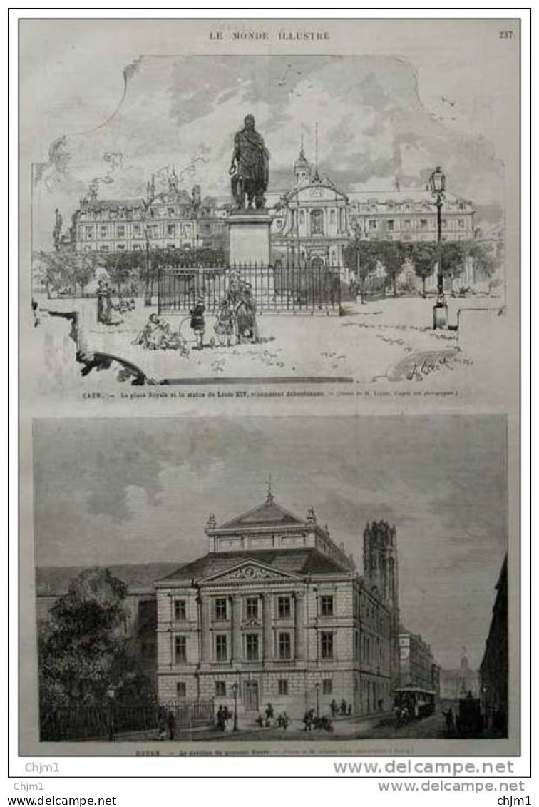 Caen - Place Royale Et La Statue De Louis XIV - Rouen  Pavillon Du Nouveau Musée -  Page Original 1882 - Historical Documents
