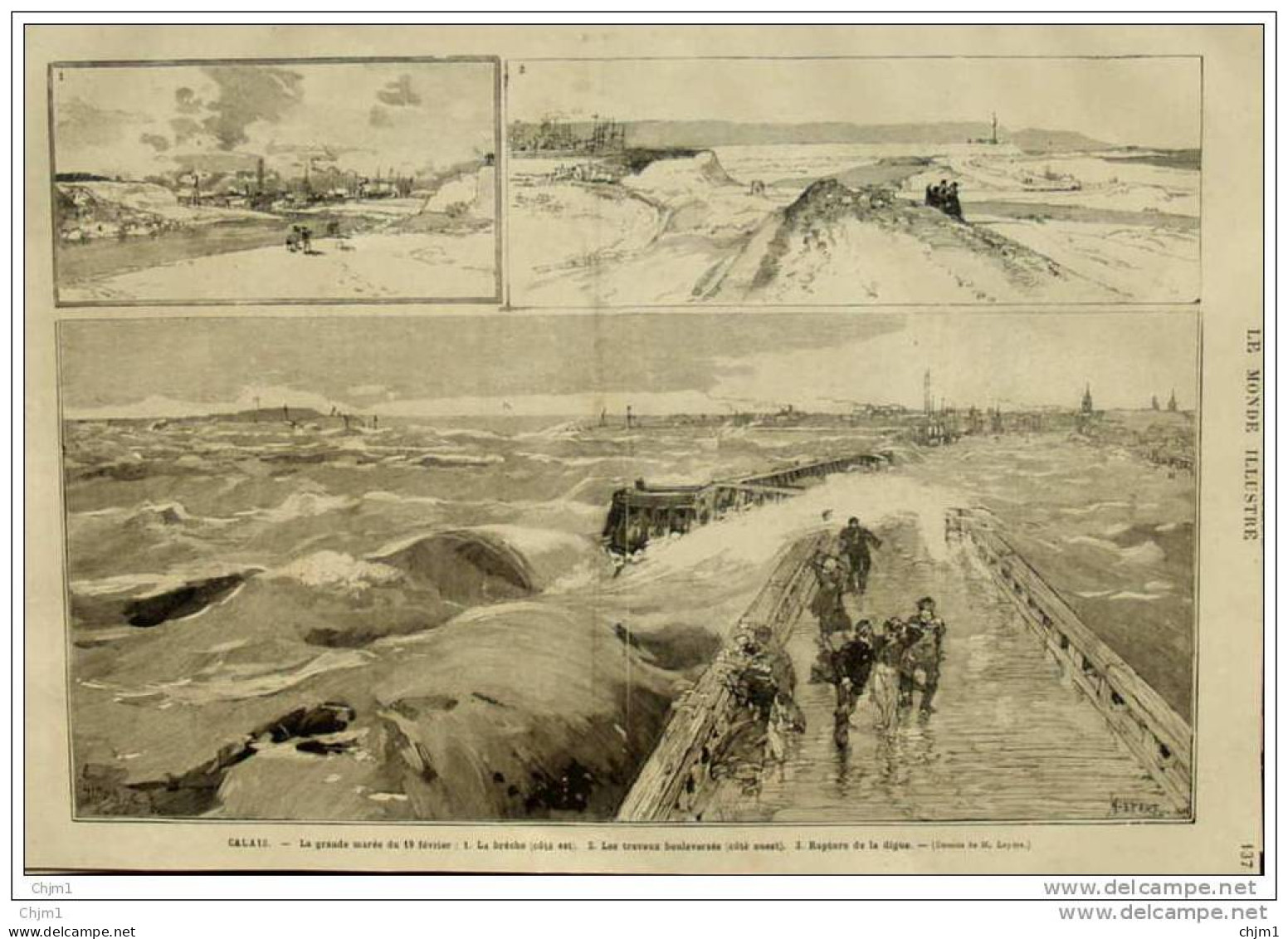 Calais - La Grande Marée Du 19 Février 1882 - La Brèche - Les Travaux Bouleversés -  Page Original 1882 - Historical Documents