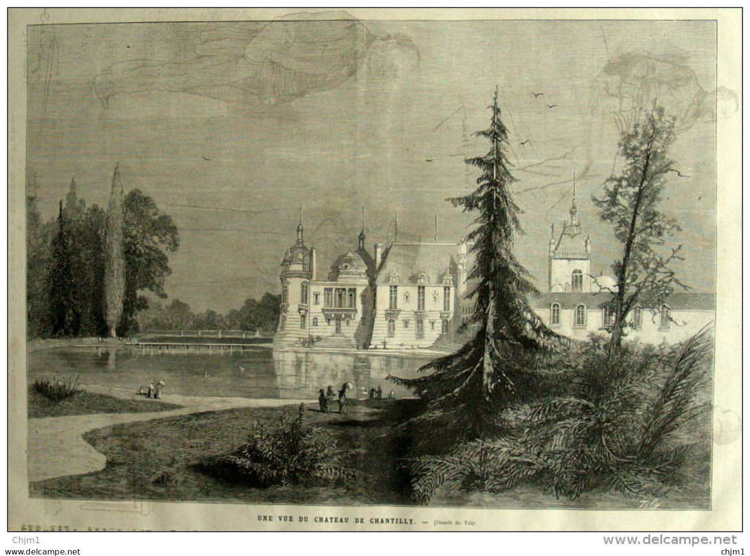Une Vue De Château De Chantilly - Dessin De Toly - Page Original 1882 - Historical Documents