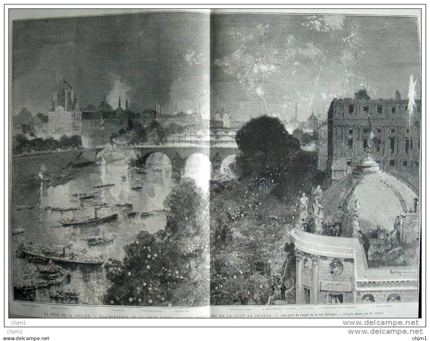 La Fête Du 14 Juillet - Illumination De La Seine Entre Le Pont Solferino Et Le Pont De Change - Page Original 1882 - Historical Documents