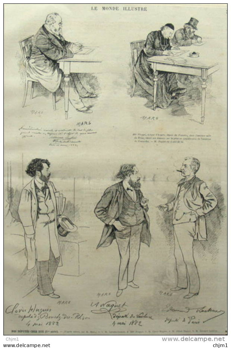Nos Députés Chez Eux - Laroche-Joubert - Mgr. Freppel - Clovis Hugues - A. Naquet - E. Lockroy  - Page Original 1882 - Historical Documents