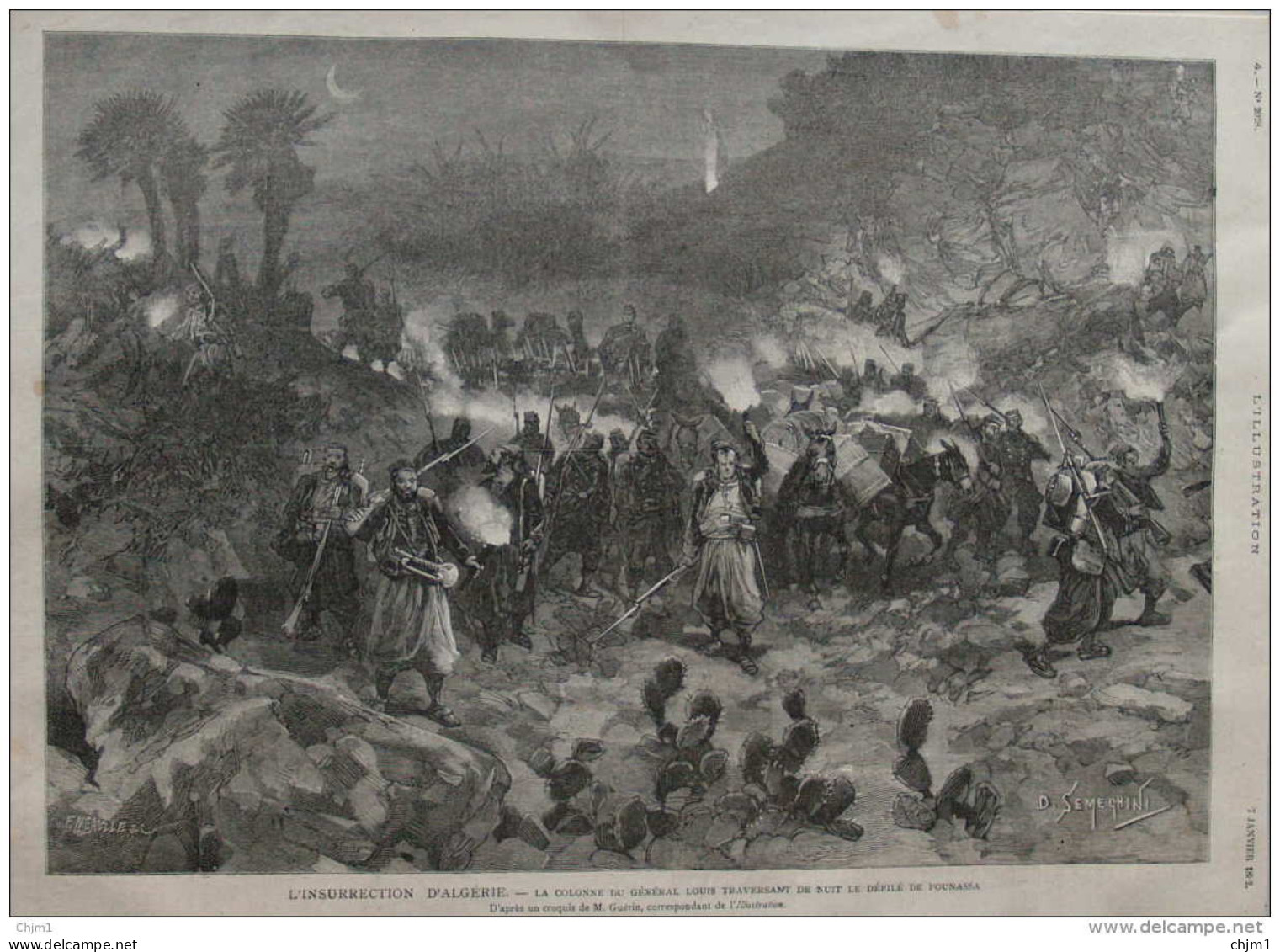 L'insurrection D'Algérie - La Colonne Du Général Louis Traversant De Nuit Le Défilé De Founassa - Page Original - 1882 - Documents Historiques