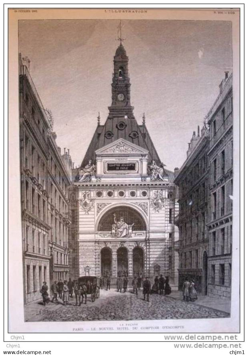 Paris - Le Nouvel Hotel Du Comptoir D&acute;Escompte - La Facade - Page Original 1882 - Documents Historiques