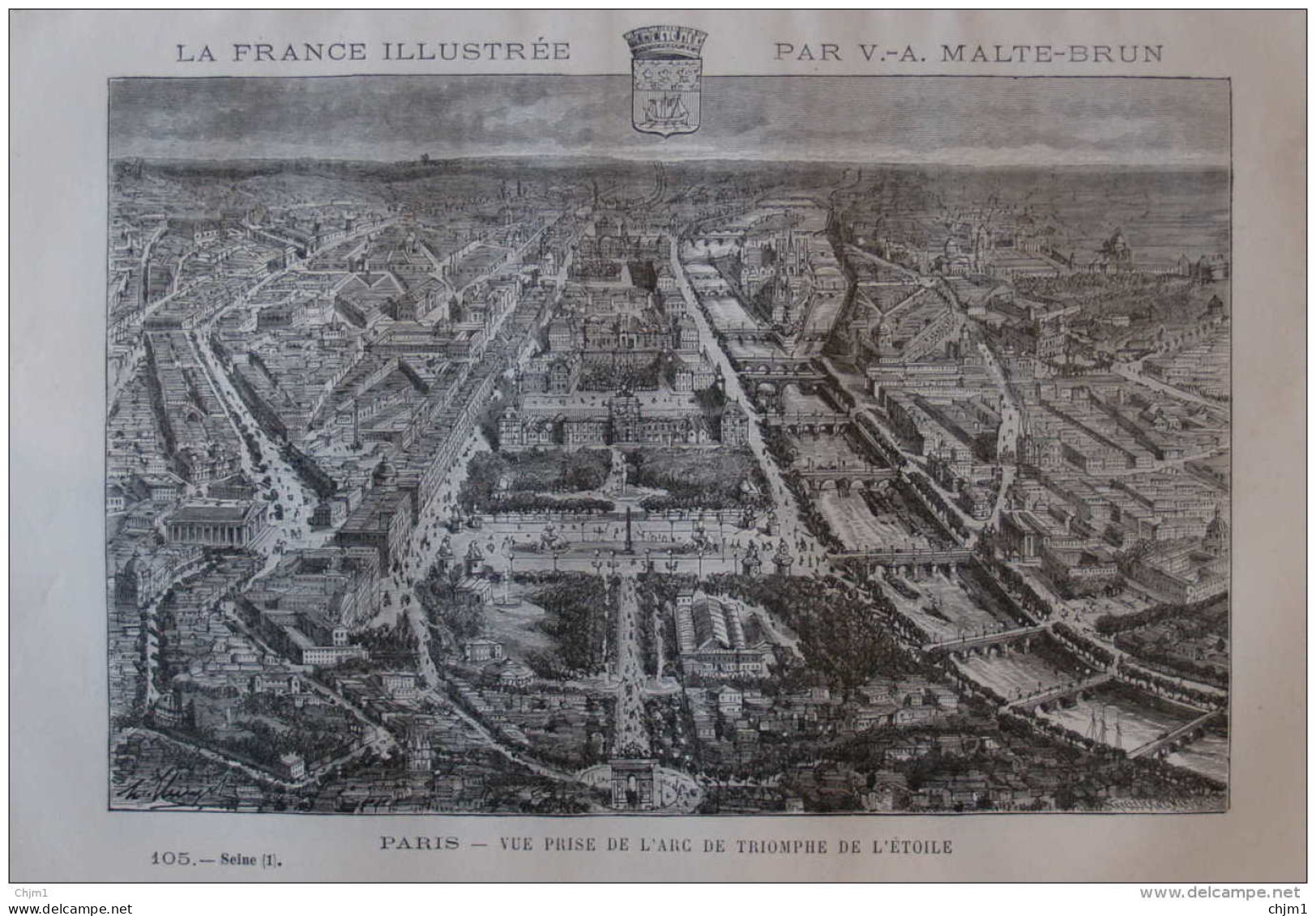 Paris, Vue Prise De L'Arc De Triomphe De L'étoile - Page Original 1882 - Documents Historiques