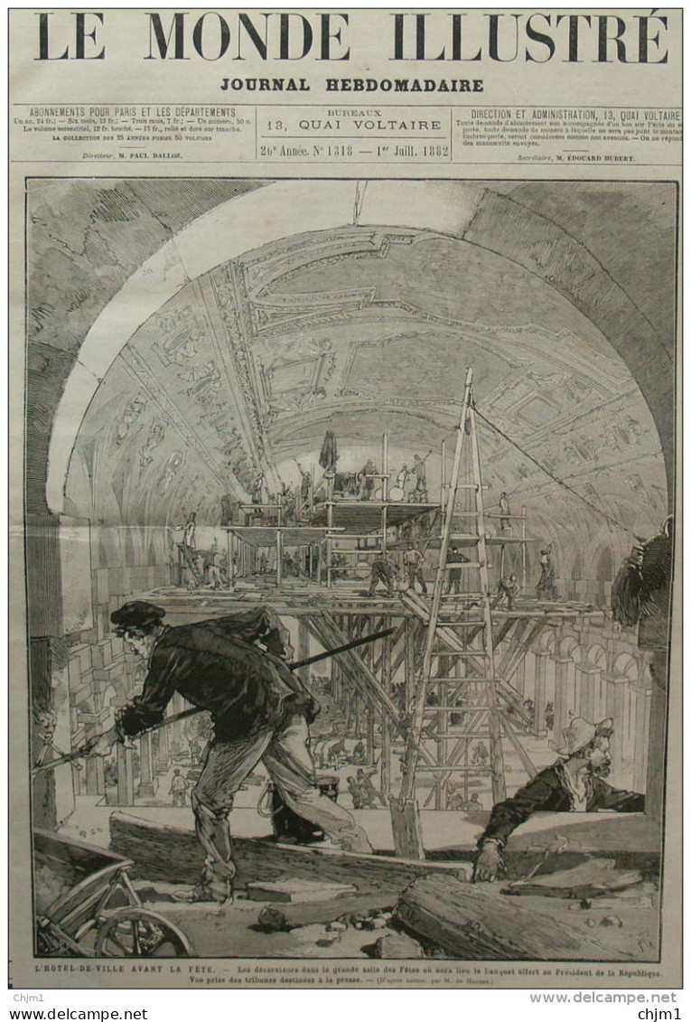 L'Hôtel-de-Ville Avant La Fête - Les Décorateurs Dans La Grande Salle Des Fêtes -  Page Original 1882 - Documents Historiques