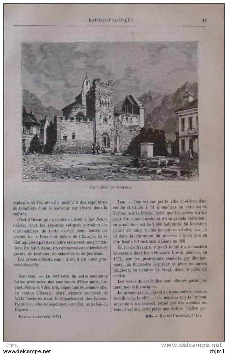 Luz, église Des Templiers - Page Original 1882 - Historical Documents