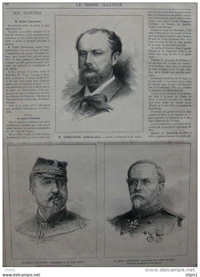 M. Camescasse - Général Saussier - Général Lecointe -  Page Original - 1882 - Documents Historiques