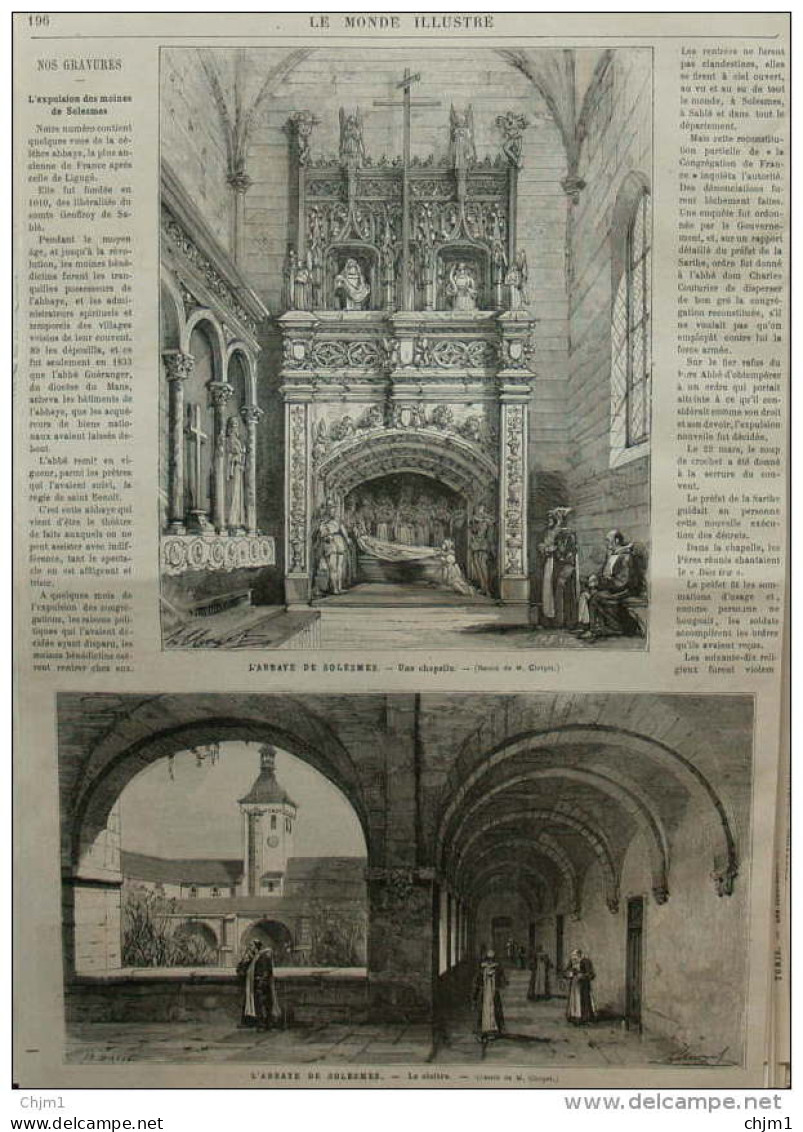 L'abbaye De Solesmes - Le Coître - Une Chapelle - Page Original 1882 - Documents Historiques