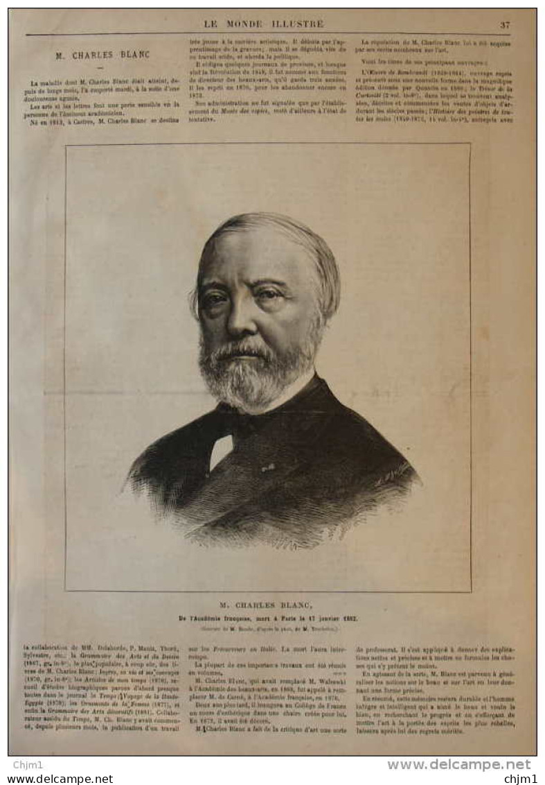 M. Charles Blanc, De L'Académie Francaise - Page Original 1882 - Documents Historiques