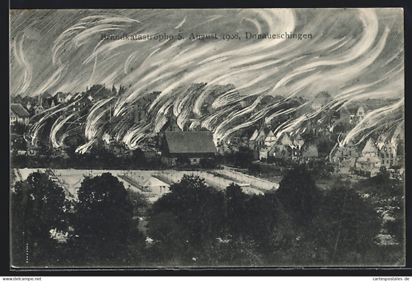 AK Donaueschingen, Brandkatastrophe 1908, Teilansicht  - Catastrofi