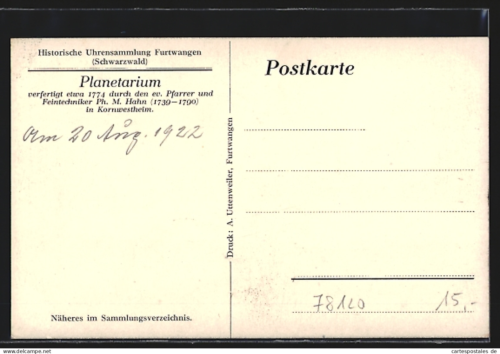 AK Furtwangen /Schwarzwald, Planetarium Von Ph. M. Hahn In Der Historischen Uhrensammlung  - Furtwangen