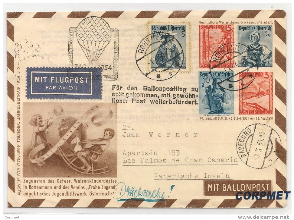 AEROPHILATELIE -1954 AUTRICHE  ENVELOPPE ENTIER POSTAL Par BALLONPOST From RADEGUND To LAS PALMAS - SPAIN Via ZURICH - Par Ballon