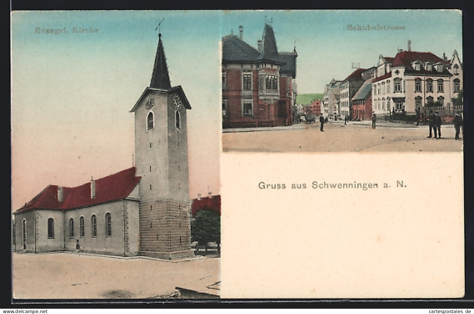 AK Schwenningen A. N., Bahnhofstrasse, Evangel. Kirche  - Other & Unclassified