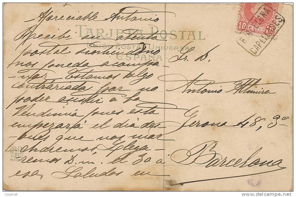 ESPAÑA - 1906 TARJETA POSTAL Enviada De POBLET A BARCELONA - Matasello Rectangular CAPELLADES - BARCELONA - Briefe U. Dokumente