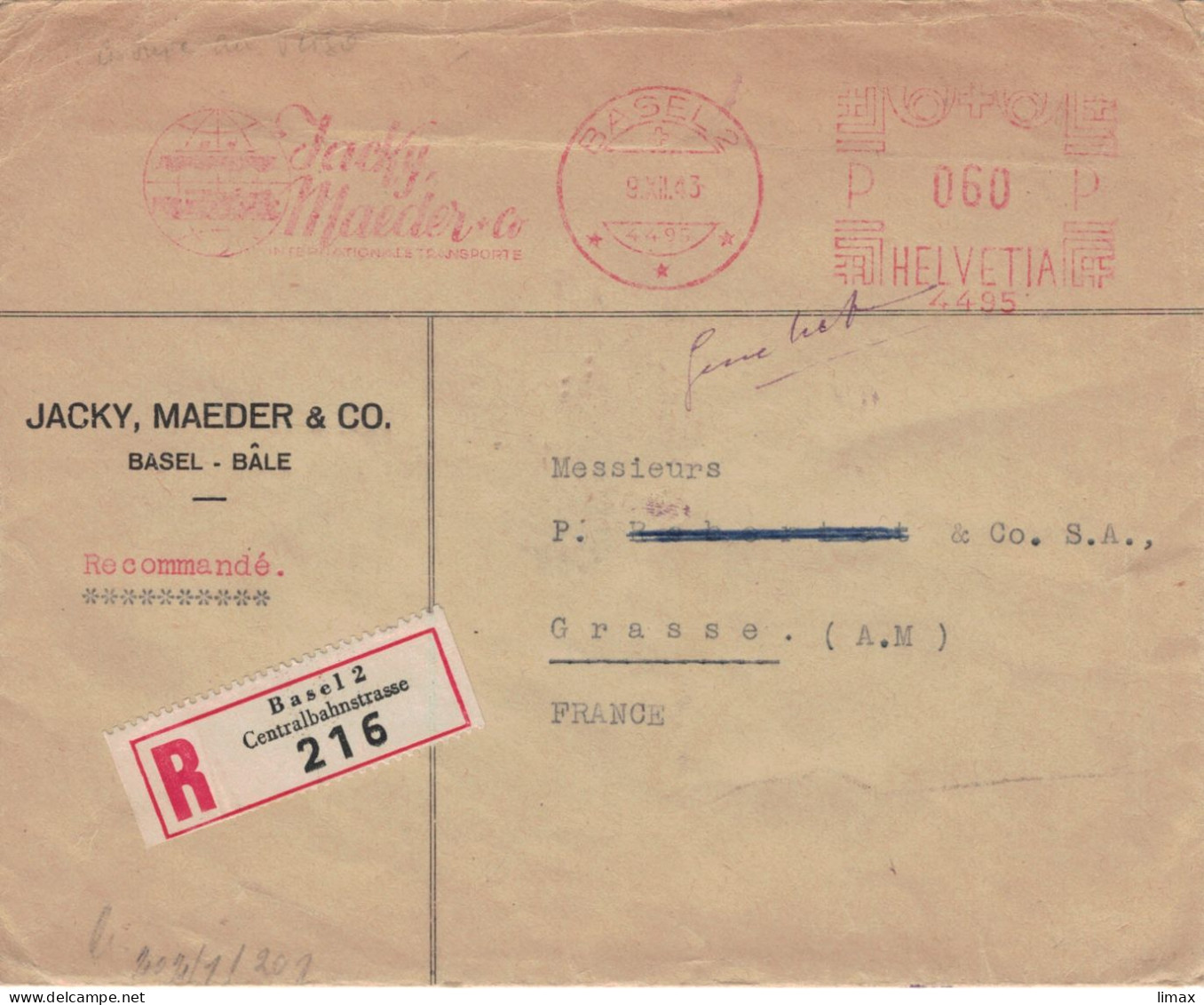 [A5] Reko Jacky Maeder & Co Basel 1943 > Grasse France - Zensur OKW - Maschinenstempel 4495 - Briefe U. Dokumente