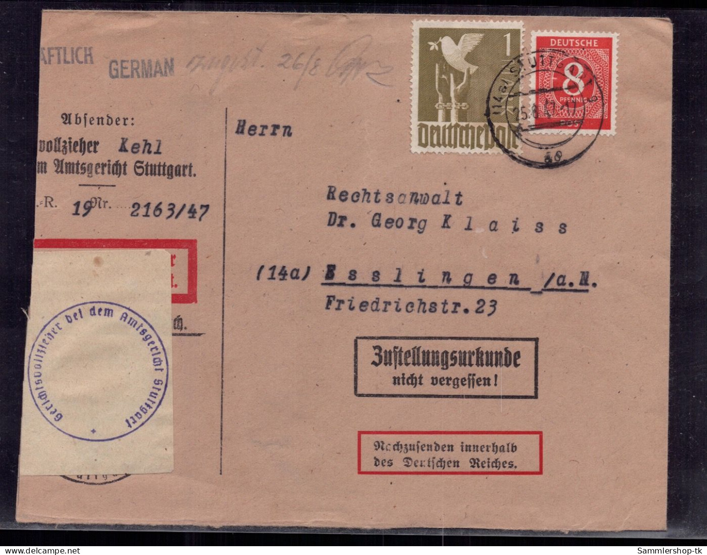 All.Bes. Gemeinschaftsausgaben Mischfrankatur ,Zustellungsurkunde Stuttgart 1947 - Sonstige & Ohne Zuordnung