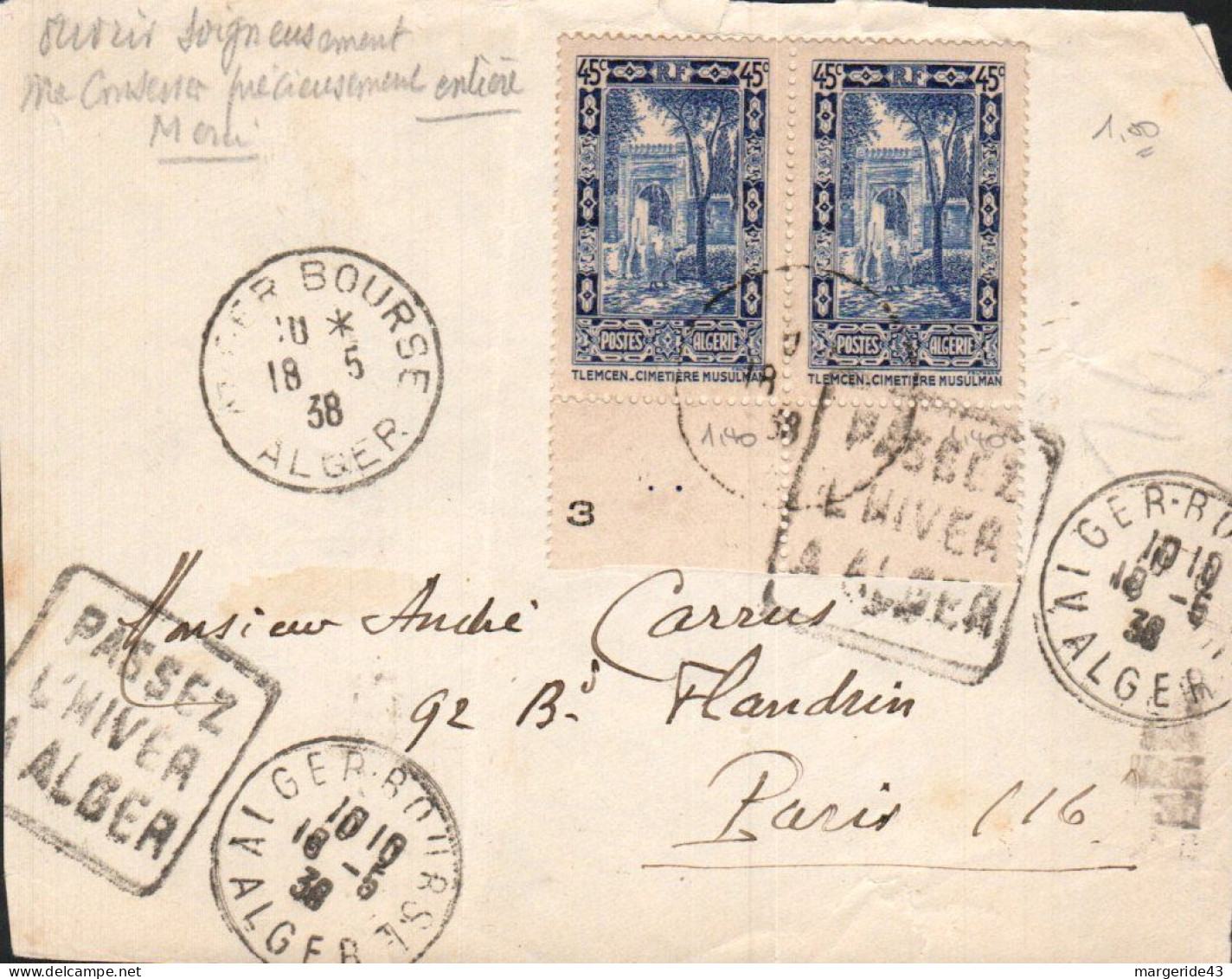 ALGERIE DEVANT DE LETTRE DE ALGER BOURSE 1938 - Lettres & Documents