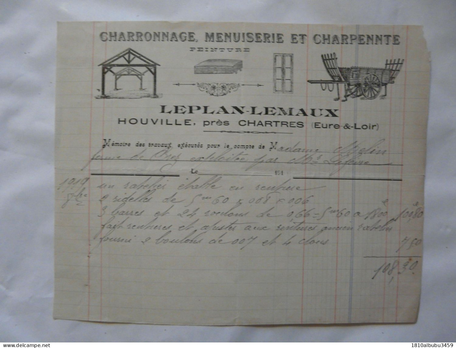 FACTURE ANCIENNE : CHARRONNAGE ET CHARPENTE - LEPLAN-LEMAUX - HOUVILLE 1919 - 1900 – 1949