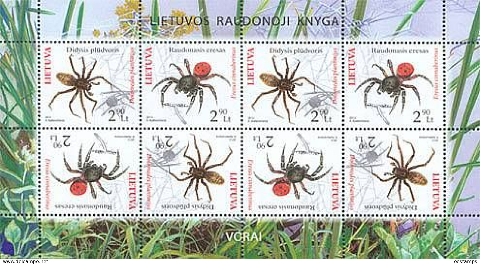 Lithuania 2012 . Fauna. Spiders. Sheetlet Of 8 (4 Pairs). Michel # 1100-01 KB - Lithuania